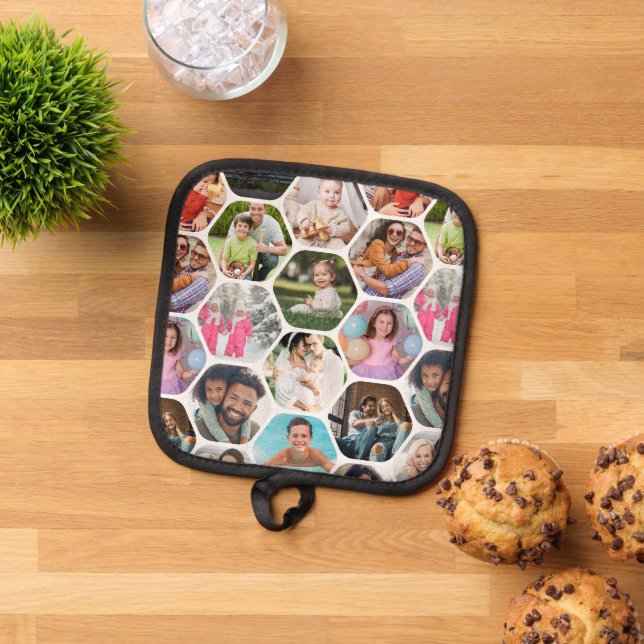 Multi Photo Collage Simple Modern Hexagon Pattern Pot Holder (Top Down)