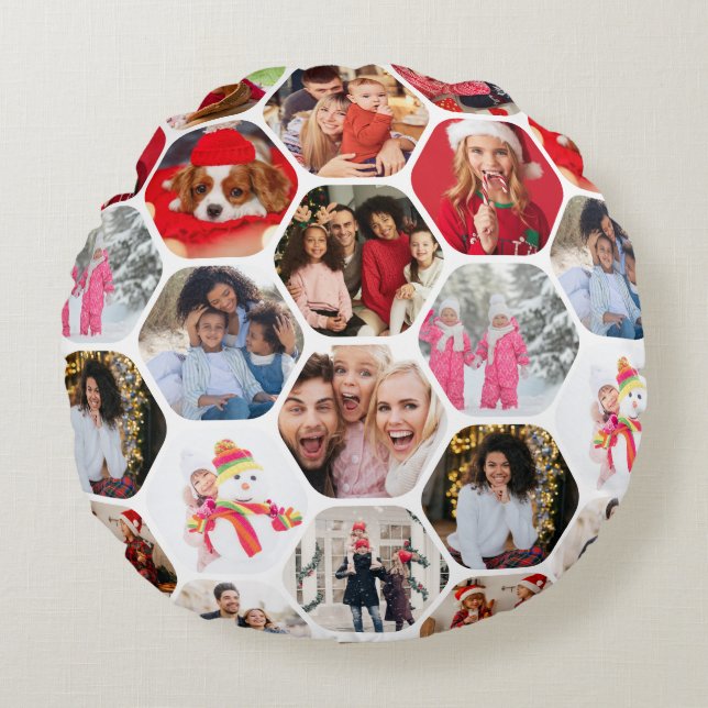 Multi Photo Collage Simple Modern Hexagon Pattern Round Cushion (Front)