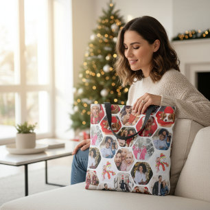 Multi Photo Collage Simple Modern Hexagon Pattern Tote Bag
