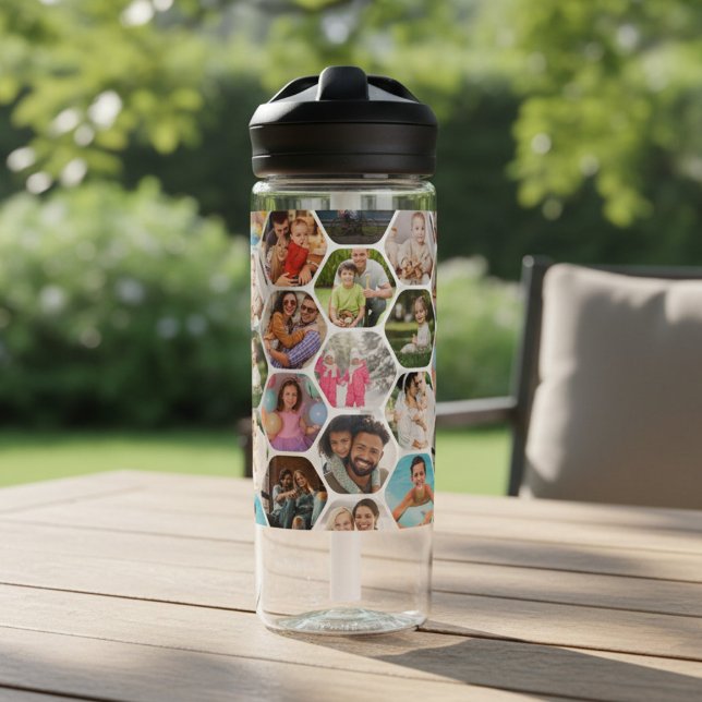Multi Photo Collage Simple Modern Hexagon Pattern Water Bottle (Creator Uploaded)