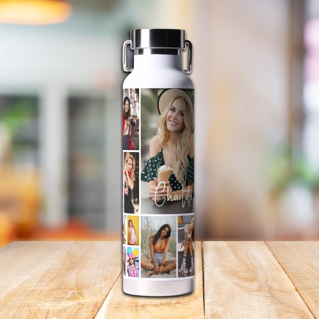 Multi Photo Collage Simple Modern Personalised Water Bottle (Creator Uploaded)