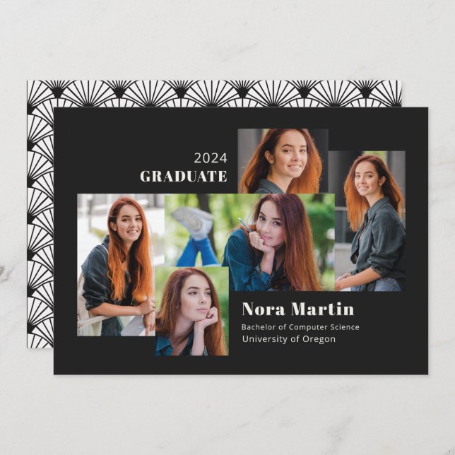 Multi Photo College Graduation Black White Announcement (Front/Back)