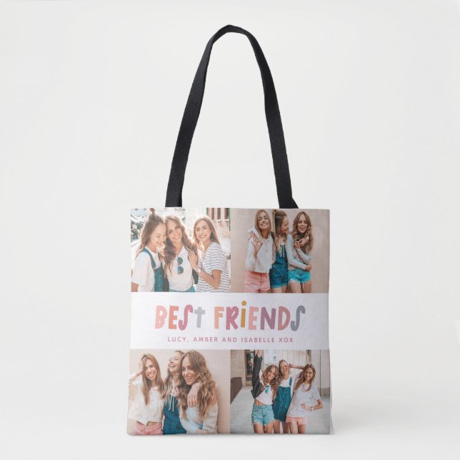 Multi photo colourful fun typography best friends tote bag (Front)