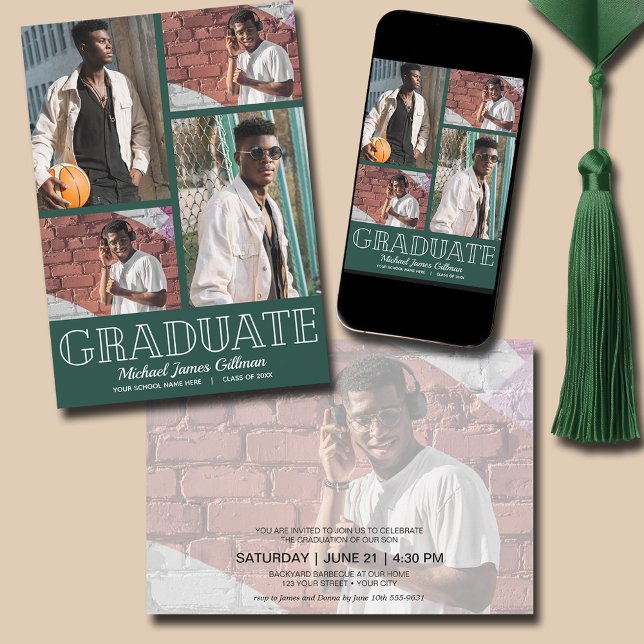 Multi Photo Dark Green Graduation Party Invitation (Multi Photo Dark Green Graduation Party Invitations - PRINTED and/or INSTANT DOWNLOAD)