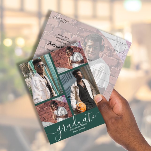 Multi Photo Dark Green Graduation Party Invitation Postcard (Creator Uploaded)