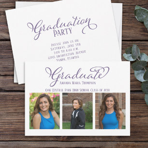 Multi Photo Elegant Script Graduation Purple Invitation