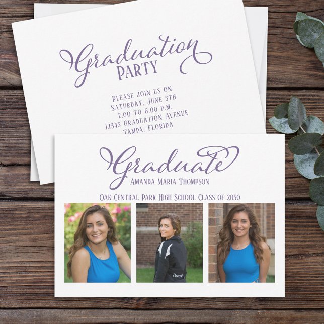 Multi Photo Elegant Script Graduation Purple Invitation (Creator Uploaded)
