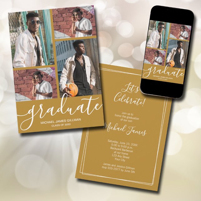 Multi Photo Gold Graduation Announcement (Modern script 4 photo gold graduation announcements - PRINTED and/or INSTANT DOWNLOAD)