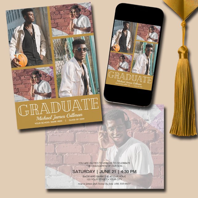 Multi Photo Gold Graduation Party Invitation (Multi Photo Gold Graduation Party Invitations - PRINTED and/or INSTANT DOWNLOAD)