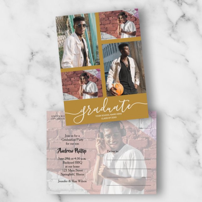 Multi Photo Gold Graduation Party Invitation Postcard (Creator Uploaded)