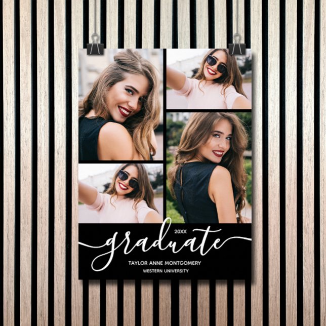 Multi Photo Graduation Party Poster (Four photos on black graduation party poster - PRINTED and/or INSTANT DOWNLOAD)