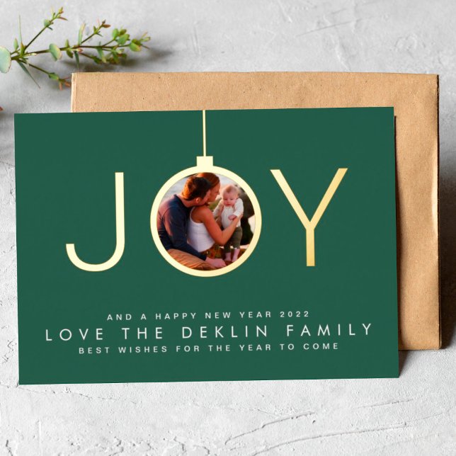 Multi Photo Green Leaf Merry Christmas Gold JOY Foil Holiday Card (Creator Uploaded)