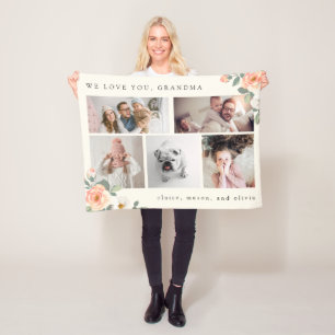 Multi Photo Grid for Grandma with Peach Flowers Fleece Blanket