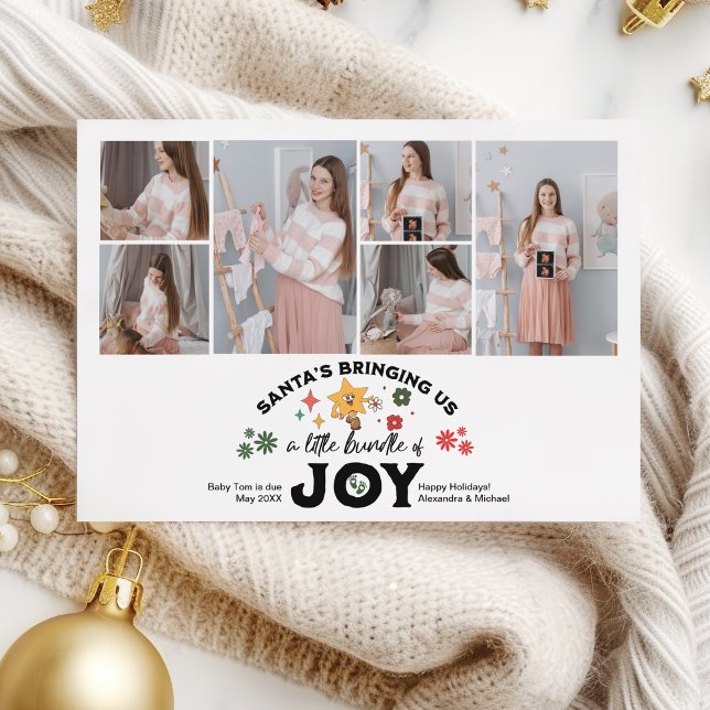 Multi Photo Groovy Christmas Pregnancy Announcemen Holiday Card (Creator Uploaded)