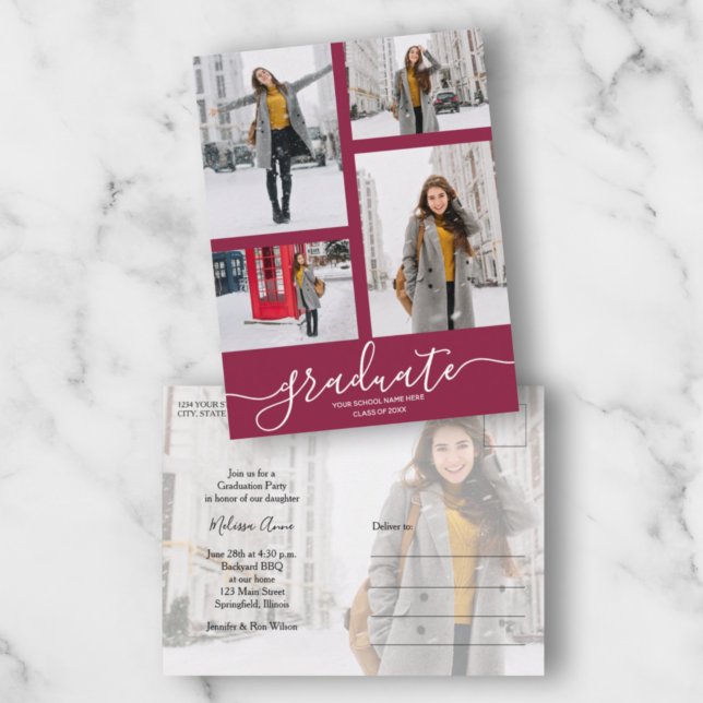 Multi Photo Maroon Graduation Party Postcard (Creator Uploaded)