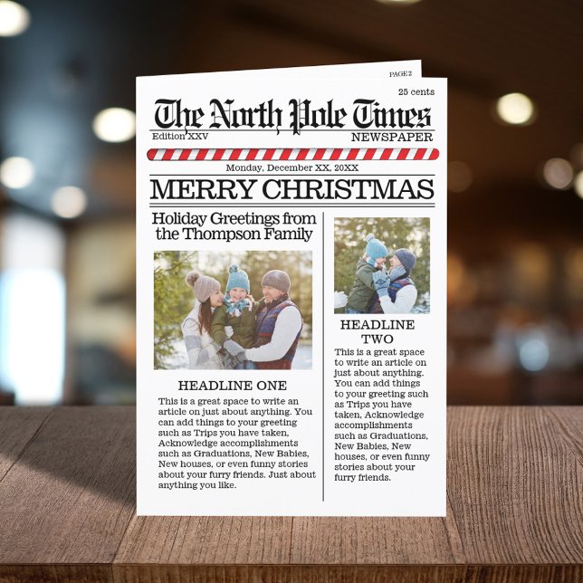 Multi Photo Merry Christmas North Pole Newspaper Holiday Card (Merry Christmas holiday photo folding card with a cute newspaper template. )