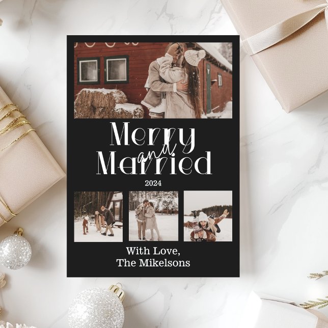 Multi Photo Minimalist Merry and Married Holiday Card (Creator Uploaded)