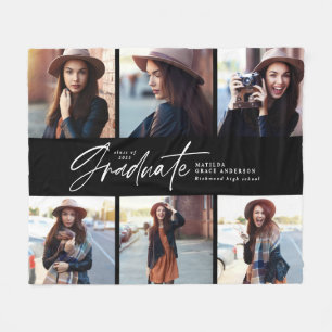 Multi photo modern black white script graduation fleece blanket