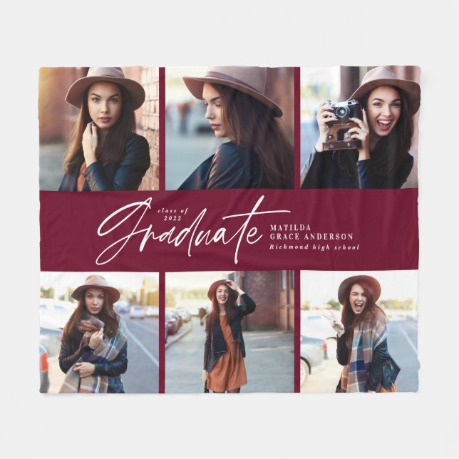 Multi photo modern burgundy script graduation fleece blanket (Front (Horizontal))