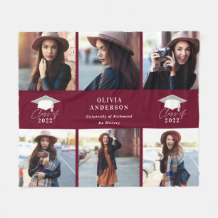 Multi photo modern burgundy script graduation fleece blanket