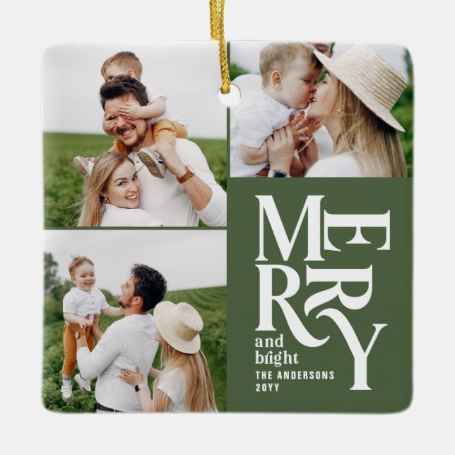 multi photo modern colourful green typography  ceramic ornament (Front)