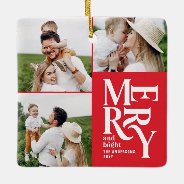 multi photo modern colourful red typography  ceramic ornament (Front)