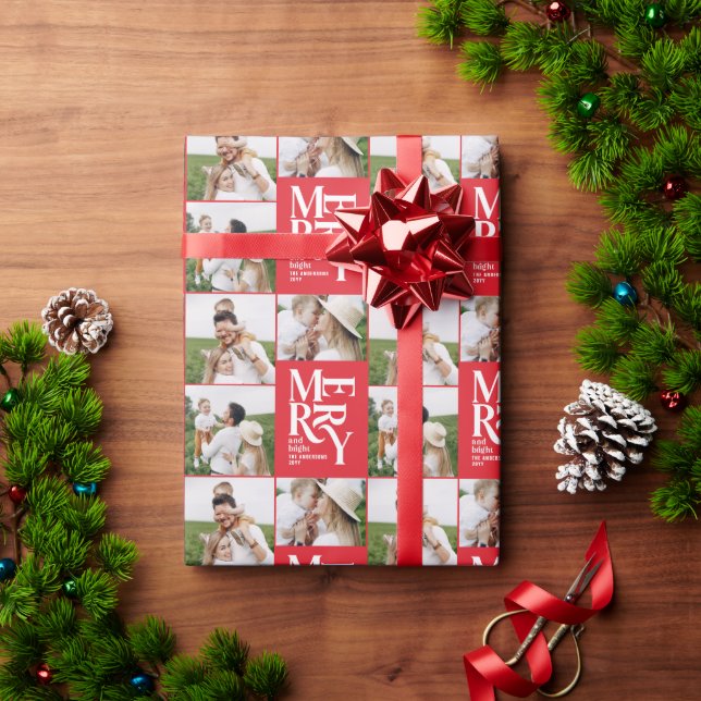 multi photo modern colourful red typography  wrapping paper (Holiday Gift)