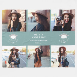 Multi photo modern dusty blue script graduation fleece blanket