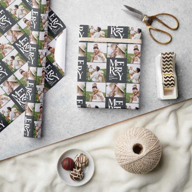 multi photo modern elegant black typography  wrapping paper (Crafts)