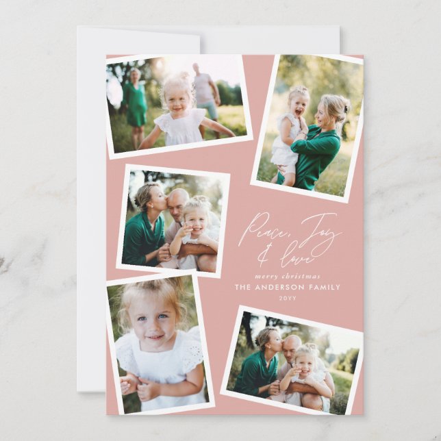 Multi photo modern elegant script blush pink party holiday card (Front)