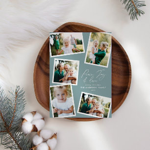 Multi photo modern elegant script dusty blue holiday card