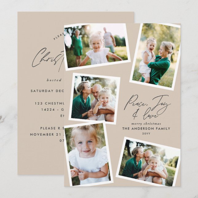 Multi photo modern elegant script natural party holiday card (Front/Back)