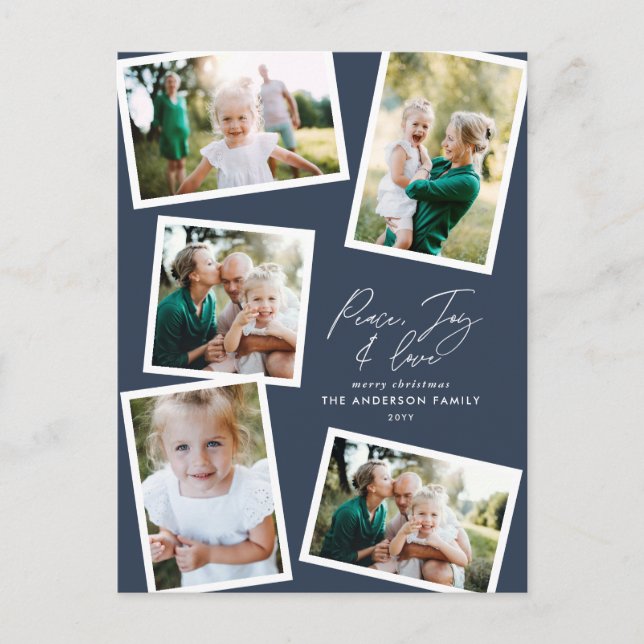 Multi photo modern elegant script navy blue party holiday postcard (Front)