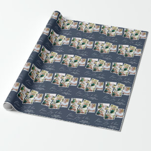 Multi photo modern elegant script navy blue wrapping paper