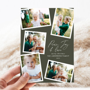Multi photo modern elegant script olive green holiday card