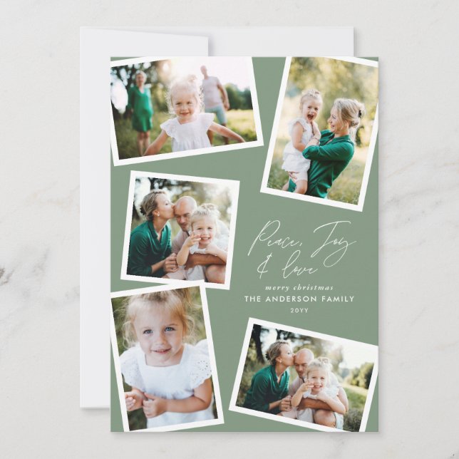 Multi photo modern elegant script sage green holiday card (Front)