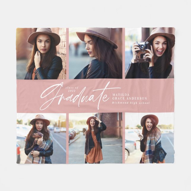 Multi photo modern girly pink script graduation fleece blanket (Front (Horizontal))