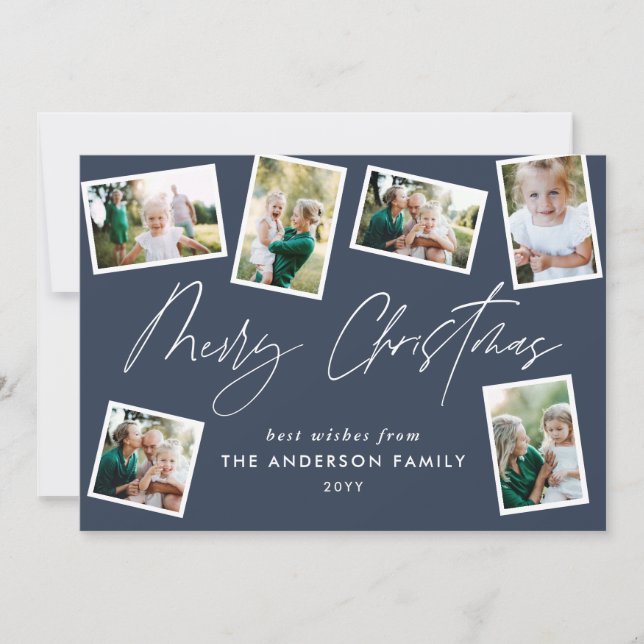 Multi photo modern merry christmas script blue holiday card (Front)