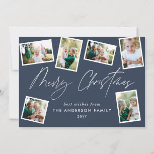 Multi photo modern merry christmas script blue holiday card