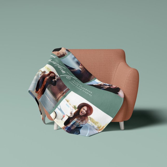Multi photo modern sage green script graduation fleece blanket (Creator Uploaded)