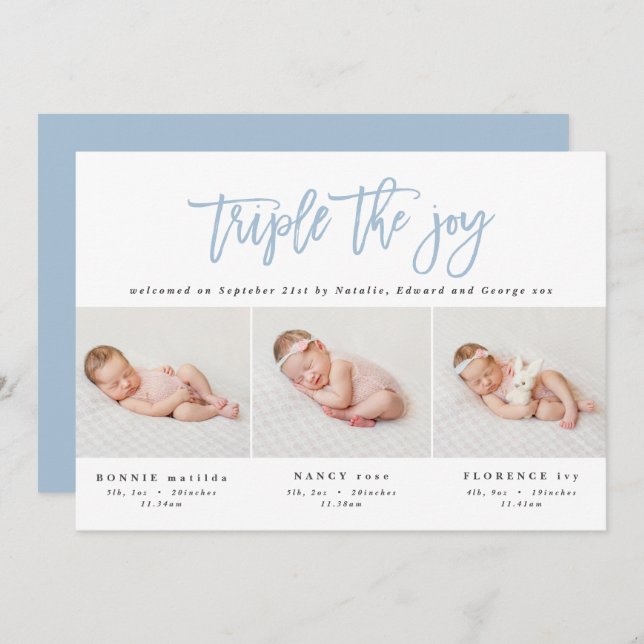 Multi photo modern triplet birth announcement (Front/Back)