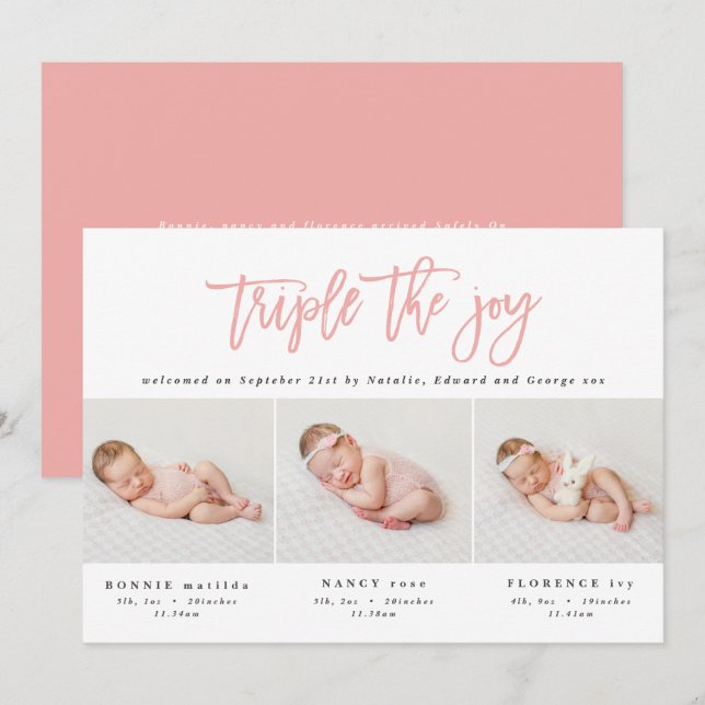 Multi photo modern triplet birth announcement (Front/Back)