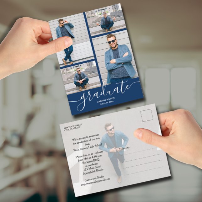 Multi Photo Navy Blue Graduation Invitation Postcard (Multi Photo Navy Blue Graduation Invitation Postcards)