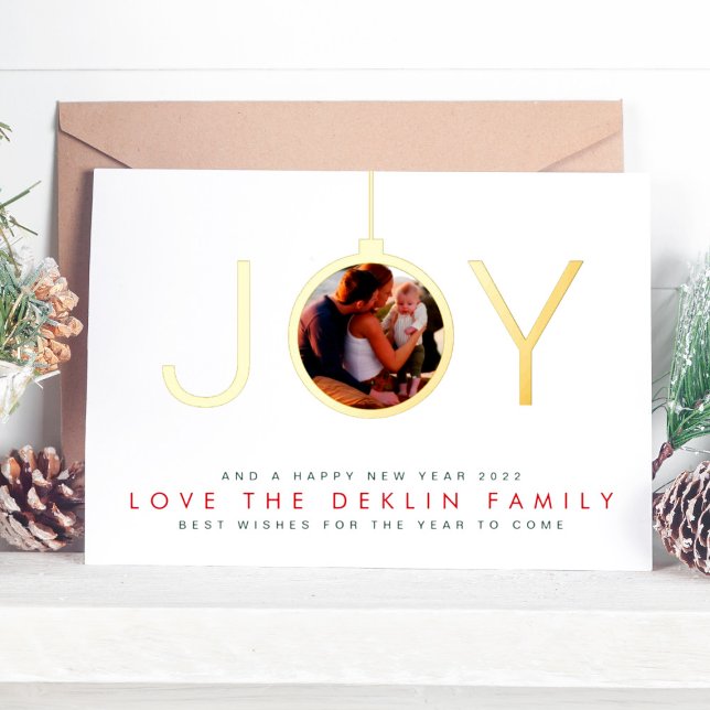 Multi Photo Ornament Merry Christmas Gold JOY Foil Holiday Card (Creator Uploaded)
