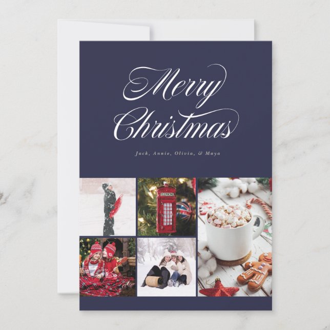 Multi photo Pretty Cursive Navy Holiday Card (Front)