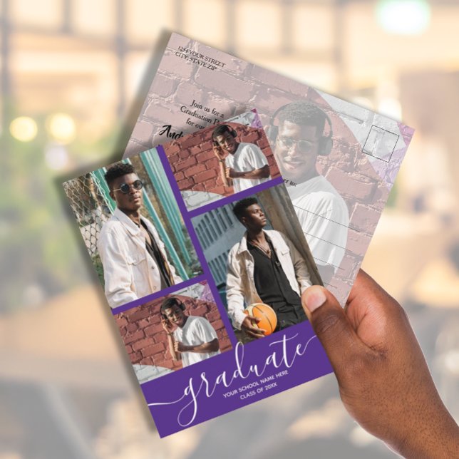 Multi Photo Purple Graduation Party Invitation Postcard (Creator Uploaded)
