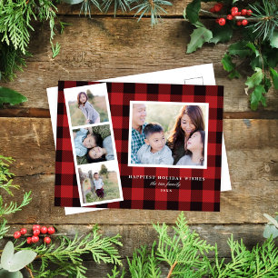Multi-Photo Red Black Buffalo Plaid Holiday Card