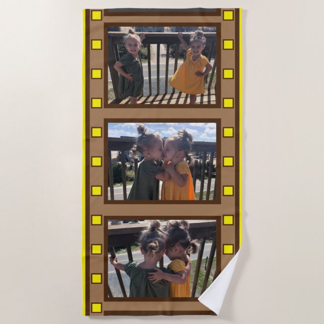 Multi Photo Retro Film Strip Yellow Beach Towel (Front)