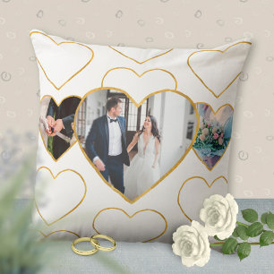 Multi Photo Wedding Love Golden Hearts Gift Cushion