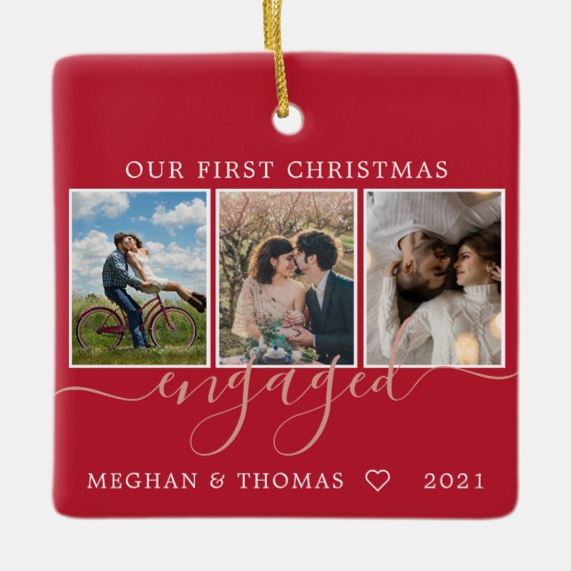 Multi photos first Christmas Engaged red Ceramic Ornament (Front)